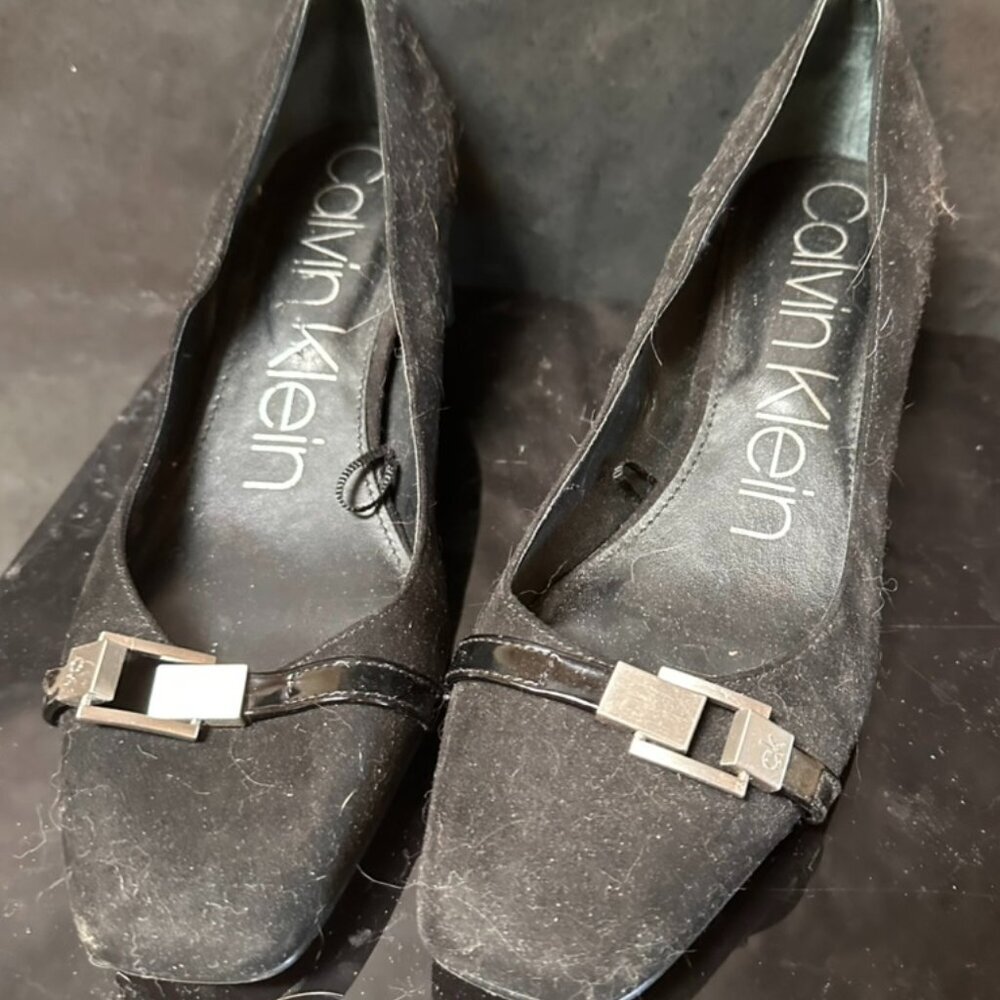 Black Calvin Klein Brush Faux Suede 8.5 Kitten Heel Buckle Square Toe Slip on - Picture 1 of 10